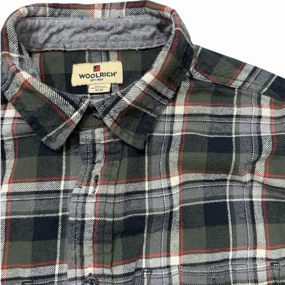 Woolrich Plaid Flannel Shirt Mens Medium Green Gray Outdoor Button Up‎